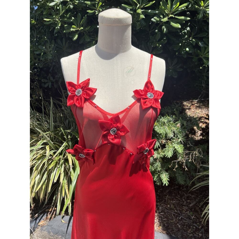 Vintage Y2K Red Satin Maxi Slip Dress Lace Up Rhinestones Lingerie - Picture 4 of 7